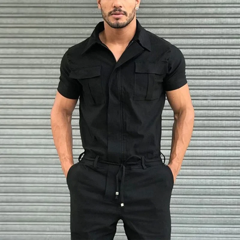 Mens Jumpsuit Casual One-piece Cosplay Uniform Boys Summer Overalls Green Jumpsuits Oversize Sexy Rompers Zip Up Cargo Pants Hot