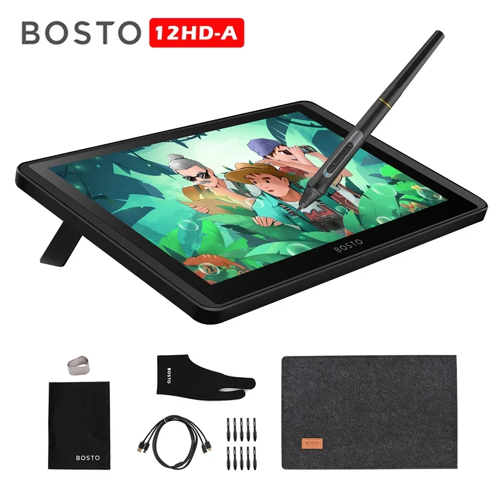 BOSTO 12HD-A H-IPS LCD Graphics Drawing Tablet Monitor 11.6Inch 1366x768 Display 8192 Pressure Level w/ Tilt Function Stylus Pen