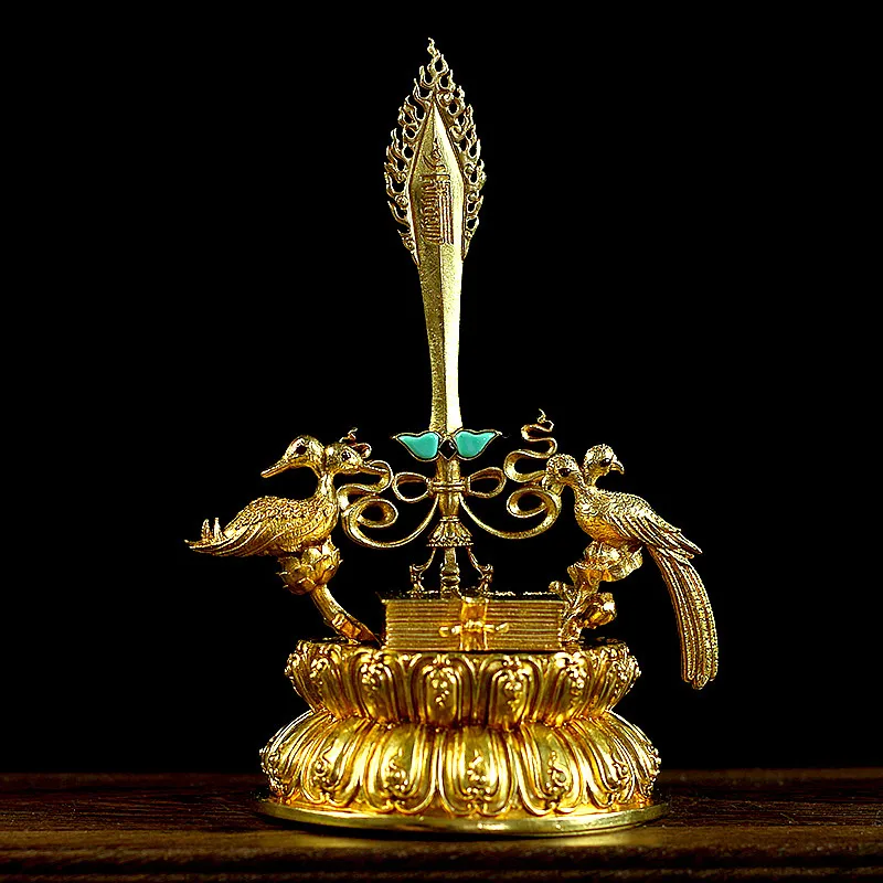 

15.4cm Copper Gold Peacock Widsom Manjushri Sword Tibetan Buddhist Sacrificed Tailsmen Instrument Putting Decoration