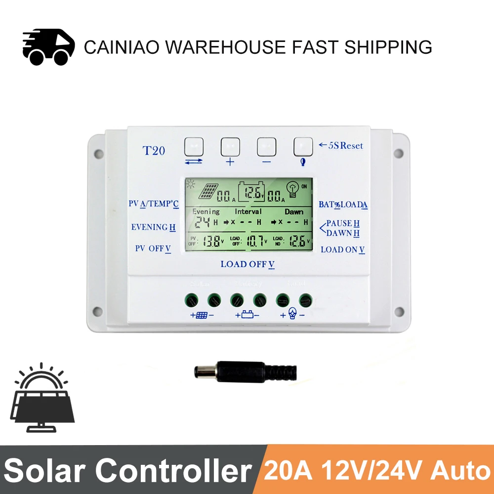 LCD Display 20A 12V/24V Auto Solar Panel Battery Regulator Charge Controller for Lighting System Load Light and Timer Control