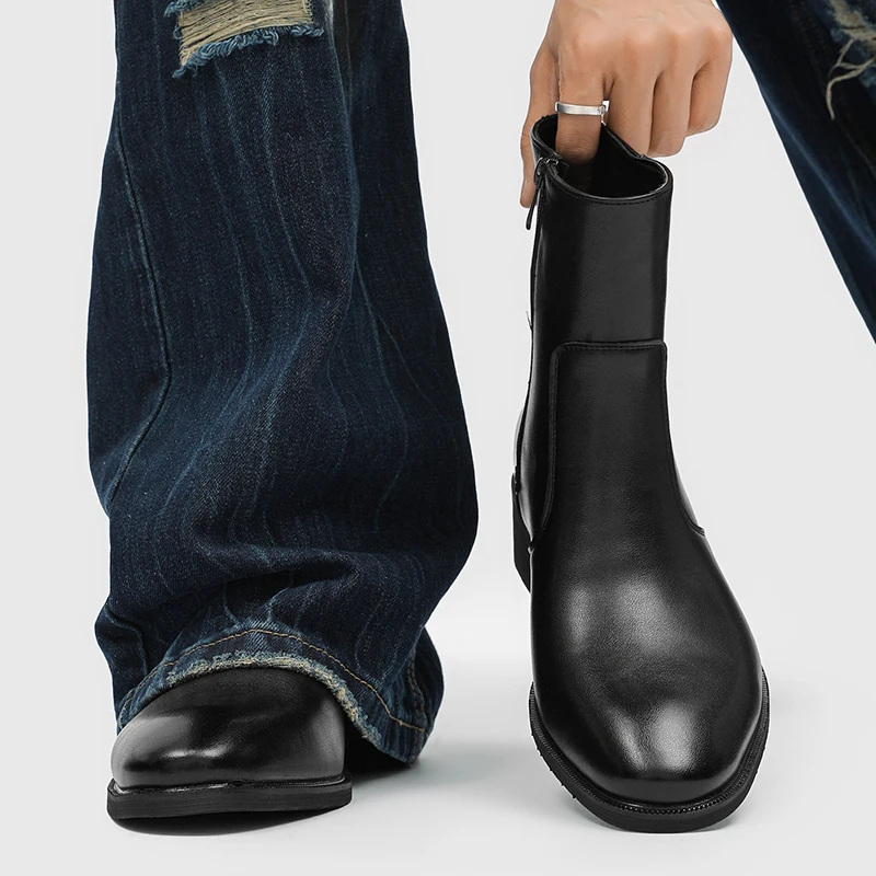 Herbst-Winter Schwarze Quadratische Zehenpartie Seitenreißverschluss Herrenstiefel Einfache Alltags-Freizeitstiefel