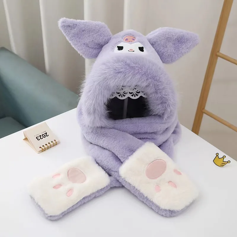 Gorro, bufanda, guante de invierno para niños de peluche Sanrio, bonito regalo de cumpleaños Kuromi Melody 3 en 1, decoración Kawaii de Navidad