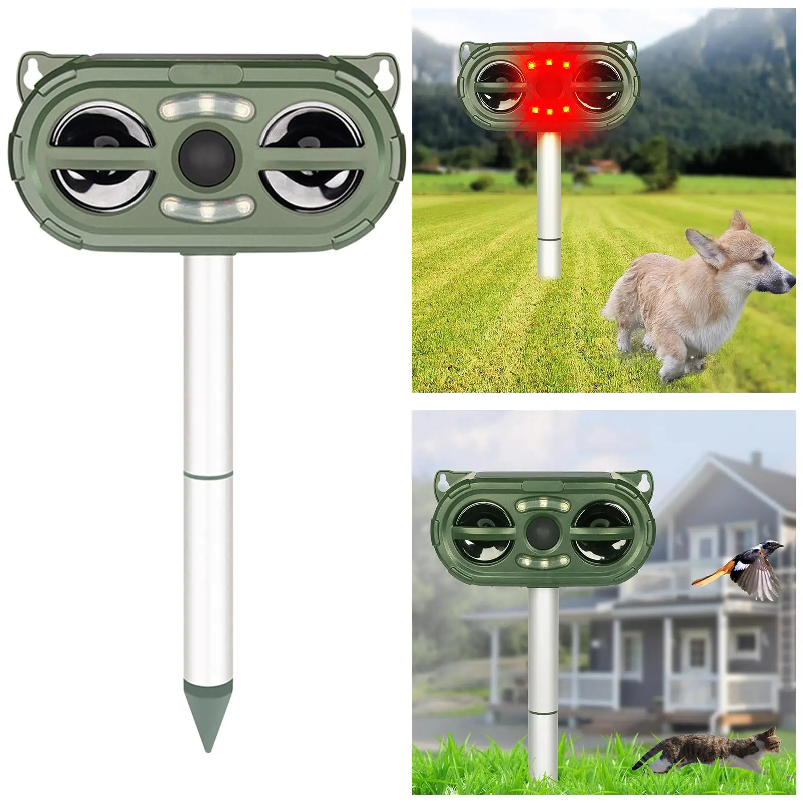 Repelente ultrasónico para mascotas, repelente de gatos y pájaros con energía Solar para patio de césped