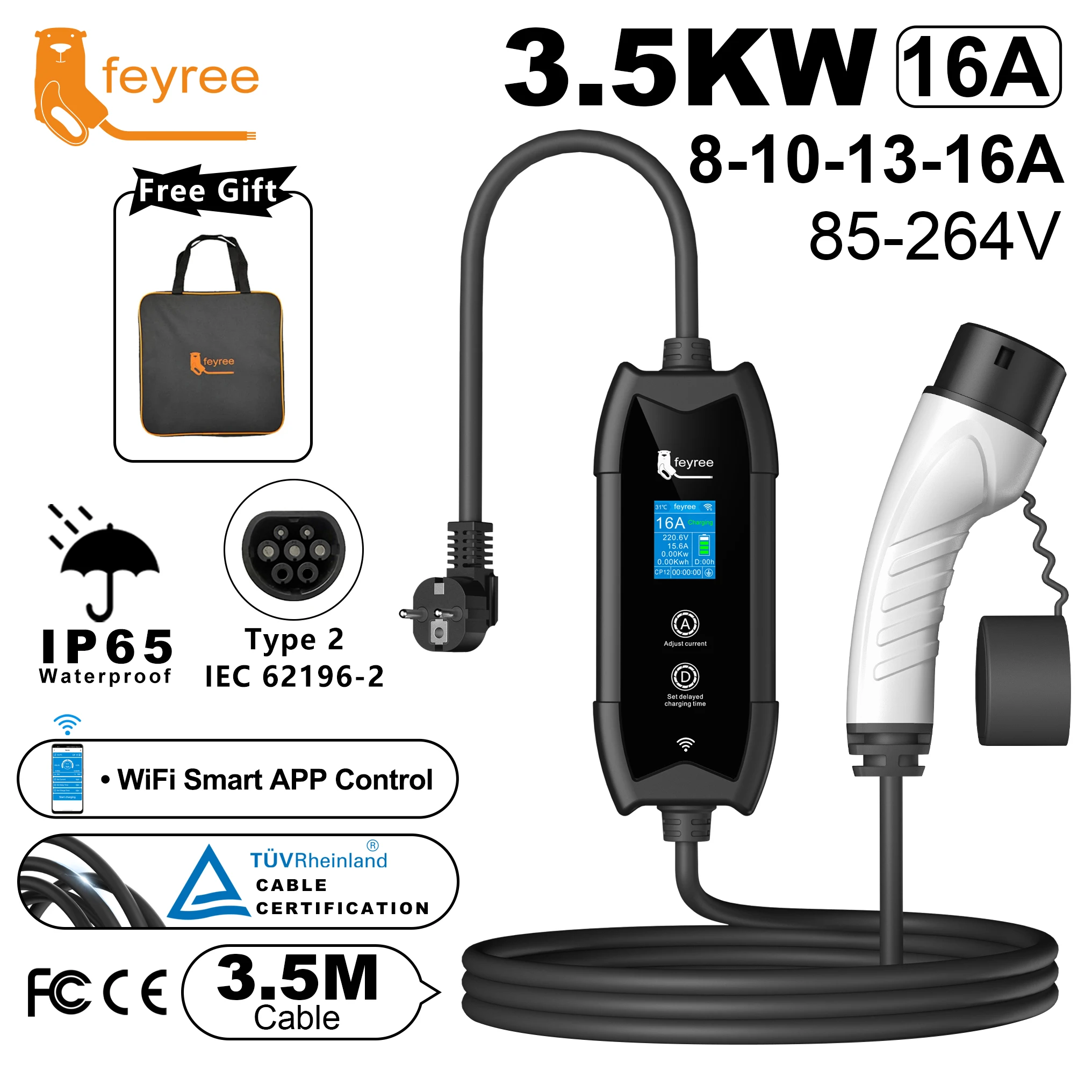 Feyree Tragbares EV-Ladegerät Typ2 IEC62196-2 EVSE Schnellladung 3,5M Kabel EVSE Wallbox WLAN APP Bluetooth Drahtlose Steuerung – Detail 5