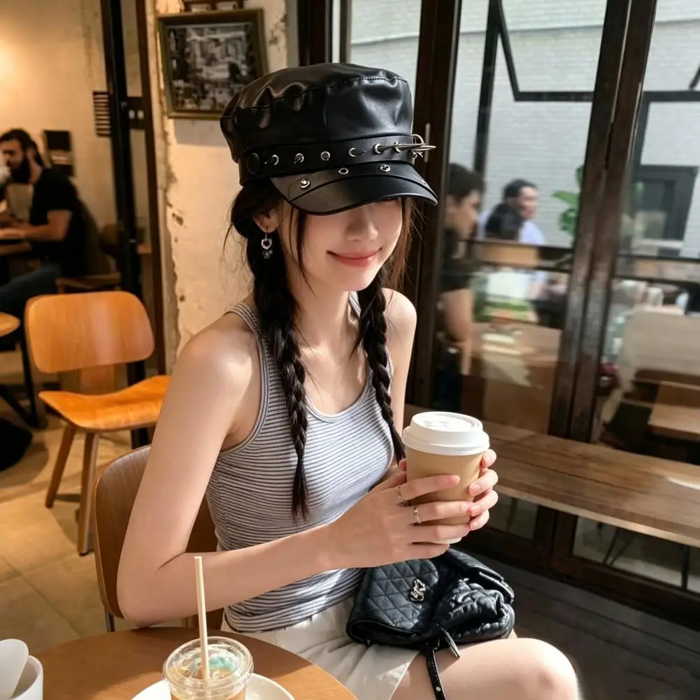 Unisex Rivet Buckle Leather Hat Spring Autumn Sailor Hats Black Beret Cap Men Flat Top Captain Military Caps