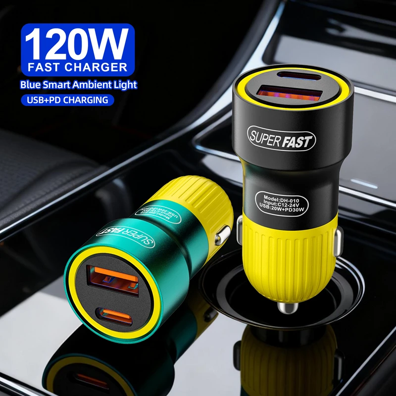 120W USB Type C Dual Ports Car Charger Lighter Quick Charge 4.0 3.0 For iPhone Xiaomi Samsung Fast Charging Phone Charger