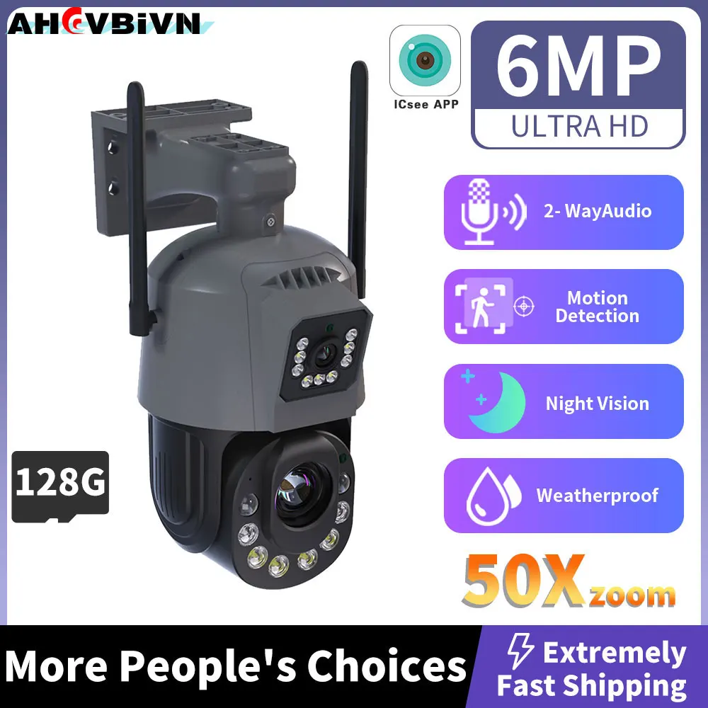 ICsee 6MP Dual Lens 128G TF Card Audio PTZ Wifi Camera Outdoor 50X Optical Zoom Human Detection 200M IR Night Vision IP Cameras