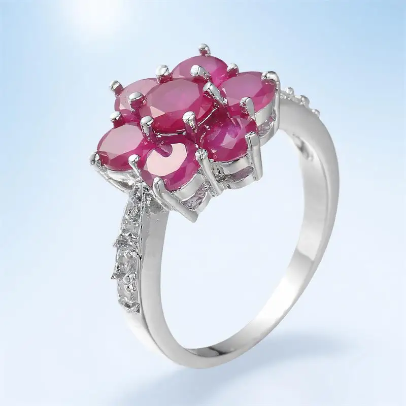 Cute Flower Rose Red Crystal Engagement Rings For Women Vintage Silver Color Wedding Promise Bands Jewelry Valentine's Day Gifts