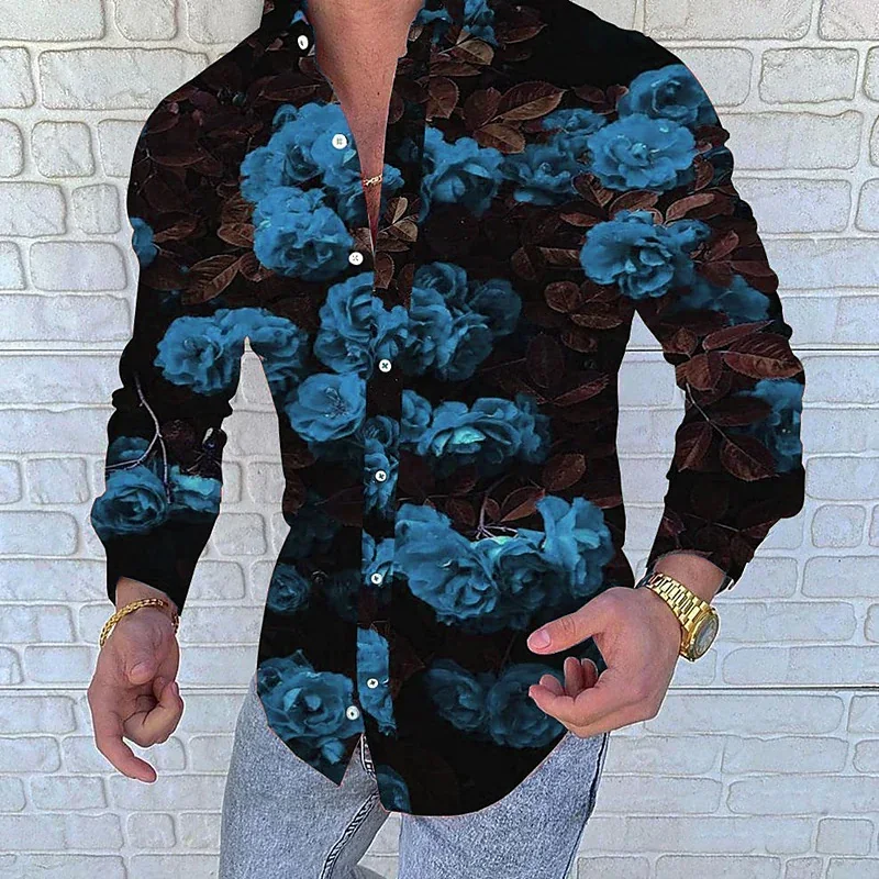 Men\'s rose-shaped lapel shape slim shirt casual spring and summer casual street top soft material new 2023