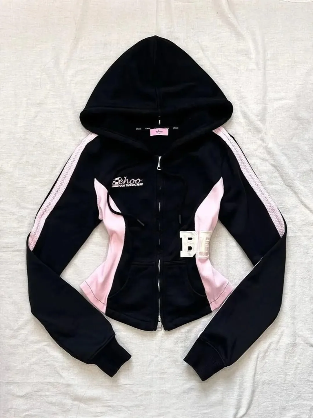 

Эстетическая толстовка на молнии 2000-х годов, женская черная повседневная куртка, облегающая талия, шнурок, длинный рукав, уличная одежда, модная верхняя одежда 2025