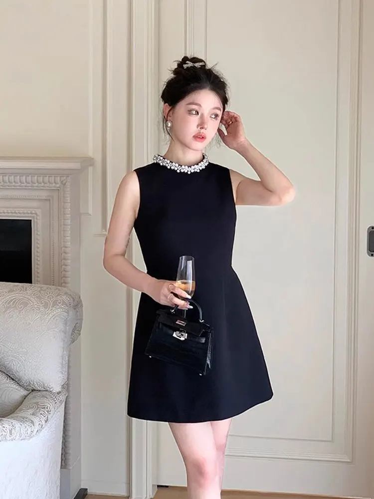 Korea Retro Black Mini Dress Vintage Pearl Beading Sleeveless A Line Dress Sundress Princess Elegant Office Lady Party Vestido