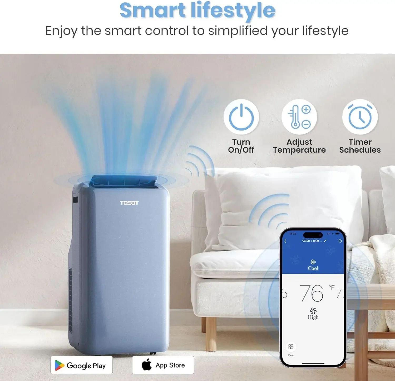 Aire acondicionado portátil Wifi SACC de 14.000 BTU (10.000 BTU) con modo de calefacción, refrigeración, deshumidificador, ventilador, oscilación automática, temporizador de 24 horas,