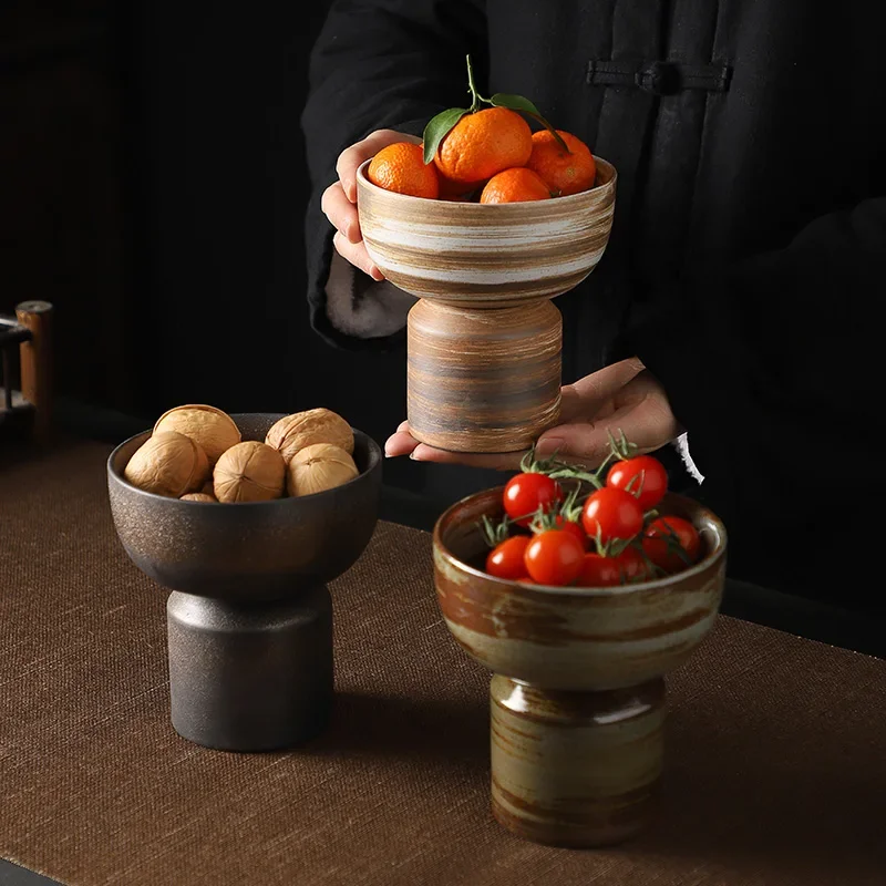 Retro Highfoot Dessert Bowl Ceramic Fruit Snack Plate Dried Fruit Dessert Plate Set Table Beautiful Dessert Dish Ice Cream Cup