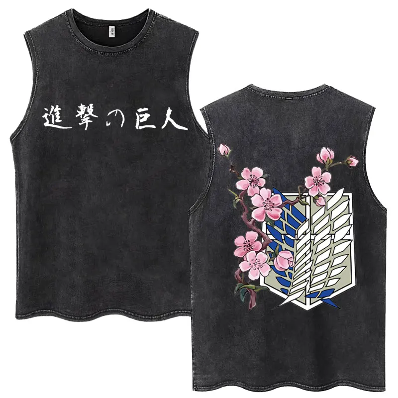 Anime Attack on Titan Wash Tank Tops Ackerman Mikasa Eren Jaeger Cherry Blossom Logo Sleeveless T-Shirt Men Women Cotton T Shirt