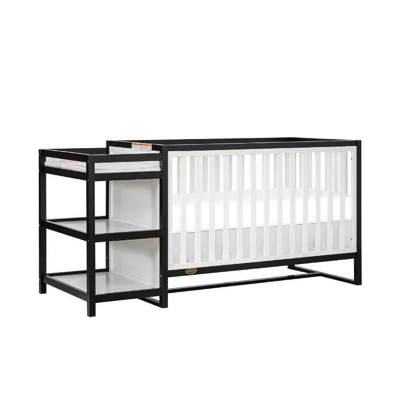 5-in-1 Convertible Crib and Changing Table with Free Pad in Black White, 3 Mattress Height Settings, Non-Toxic Finishes