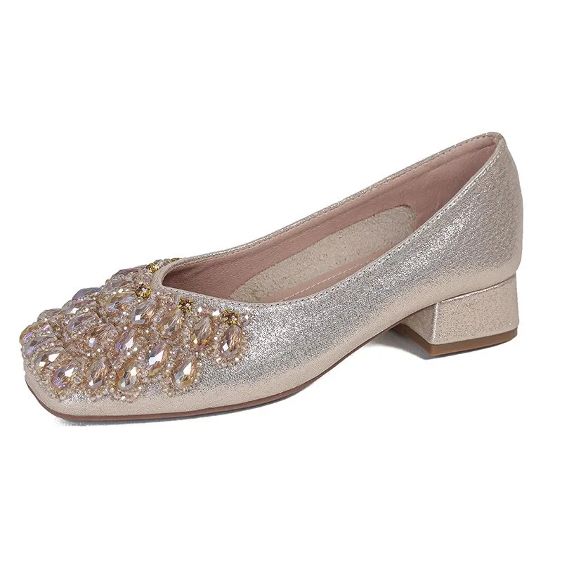 

Coarse Heel Medium French Rhinestone Temperament Single Shoes Women's Spring Heel Fairy Style Internet Celebrity Women's Shoes