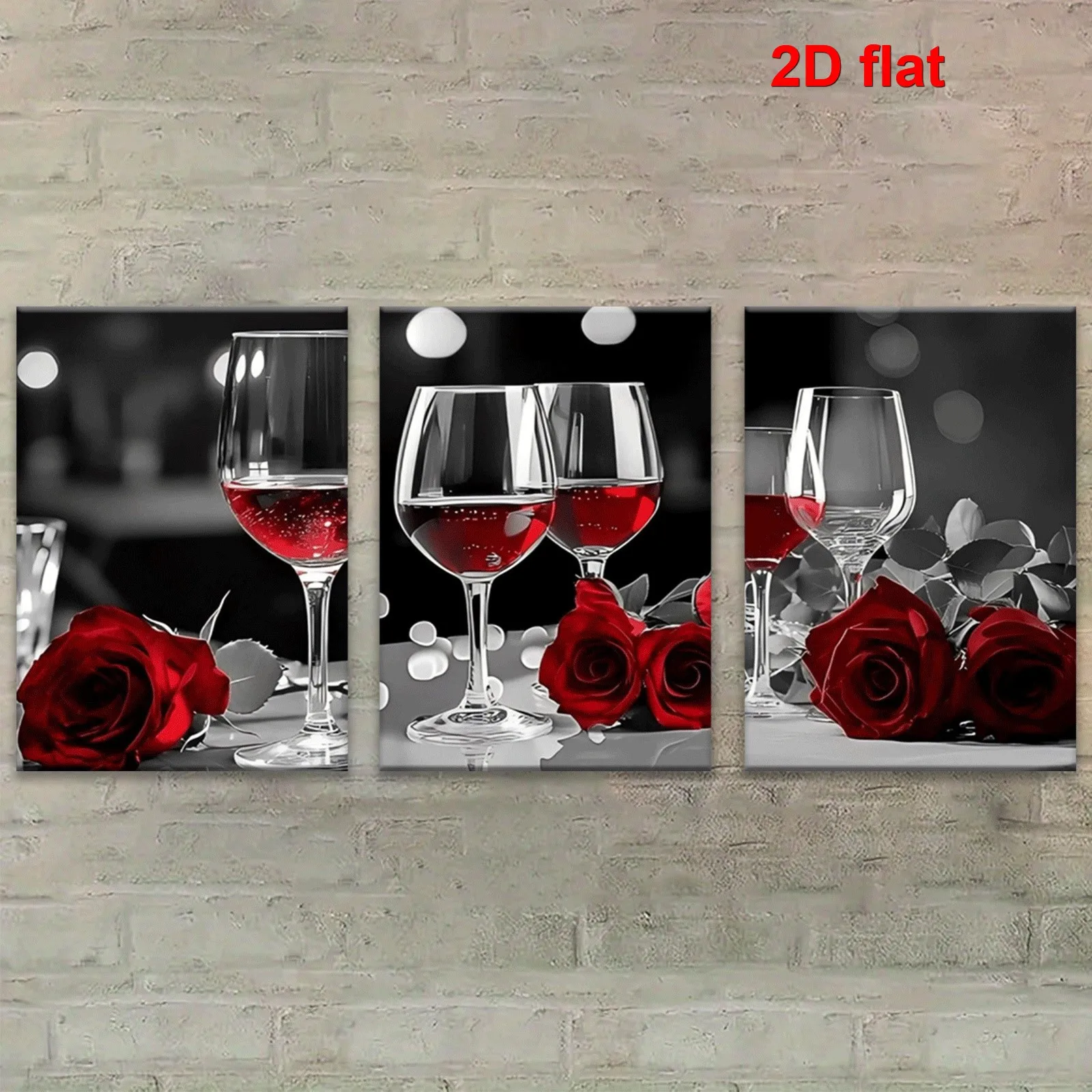 3pcs- Red wine, rose, champagne glass themed canvas wall art  paintings for indoors perfect gift for Valentine's Day, Preside