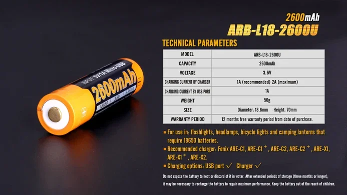 Original Fenix ARB-L18-2600U USB Charging 2600mAh 18650 Rechargeable Li-ion Battery