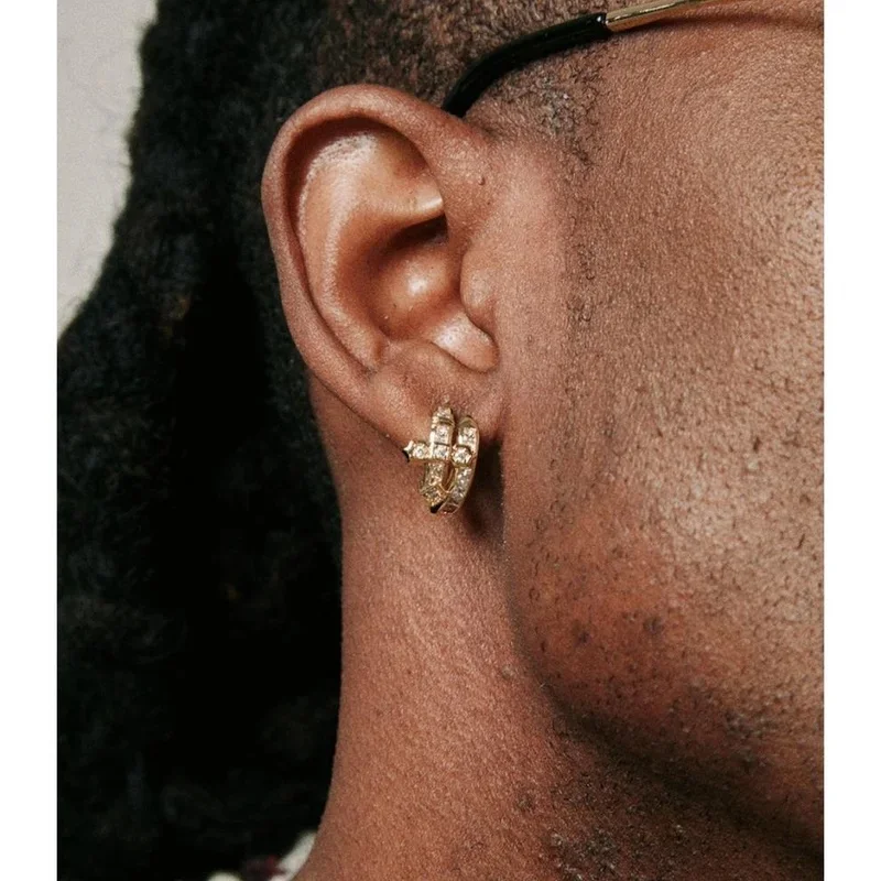 Silver Crystal Stud Earrings for Men Abstract Geometric Cross Shape Iced Hip Hop Rap Style Ear Jewelry Accessory