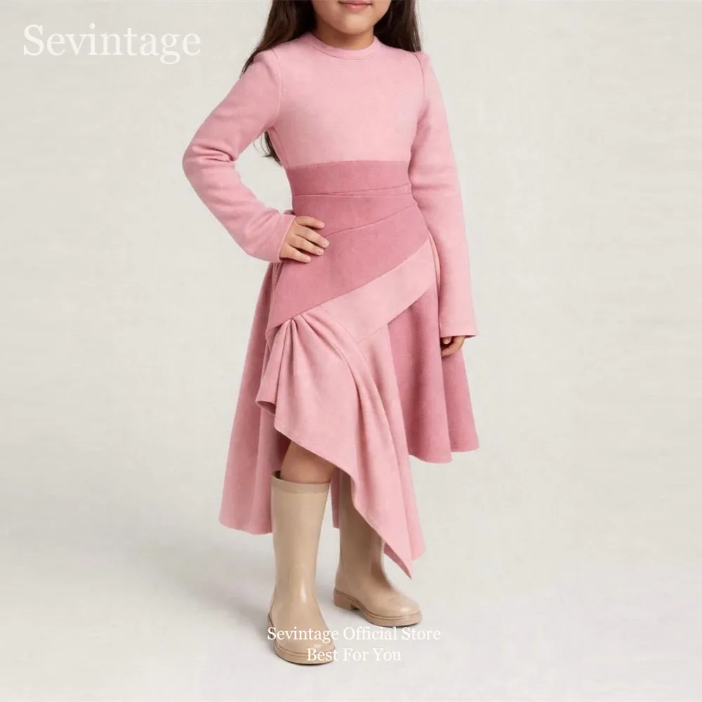 

Роскошные розовые платья из крепа для девочек Sevintage, плиссированные вечерние платья с длинными рукавами в стиле Дубай, платья для девочек на день рождения, индивидуальный пошив