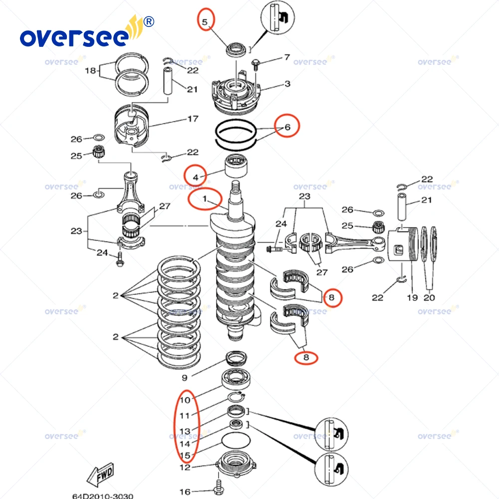 Oversee 6G5-11411 Crankshaft Repair Kit For YAMAHA 2T 90HP 150 HP 200HP V6 Outboard Motor 6G5-11411-01 With Bearings and Seals
