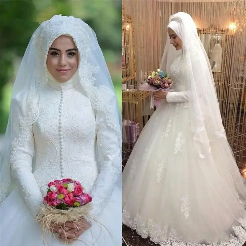 

Customized Arabic Islamic Long Sleeves Muslim Wedding Dress Arab Ball Gown Lace Wedding Dress