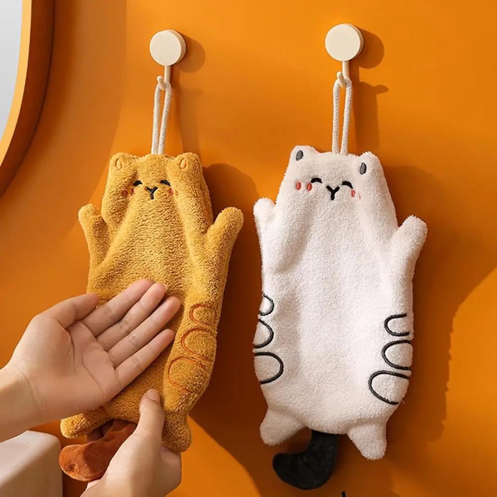 

Coral Velvet Hand Towel Super Absorbent Quick Dry Extra Soft Cartoon Cat Shaped Hanging Wipe Towel Kitchen Bathroom Accessories