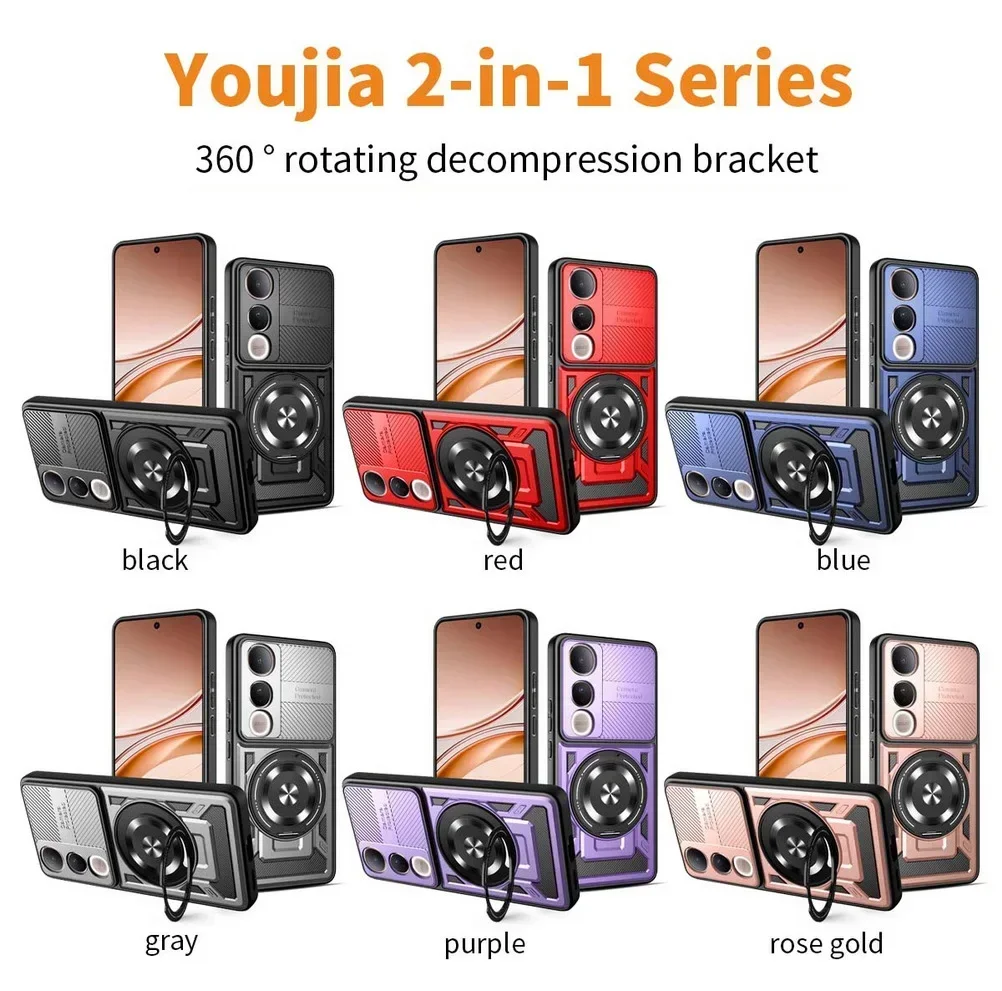 360 تدوير حلقة معدنية حامل حامل المغناطيسي جراب هاتف السيارة ل ViVo Y04 Y29 S Y39 Y50 لايت وعرة درع الغطاء الخلفي للحماية