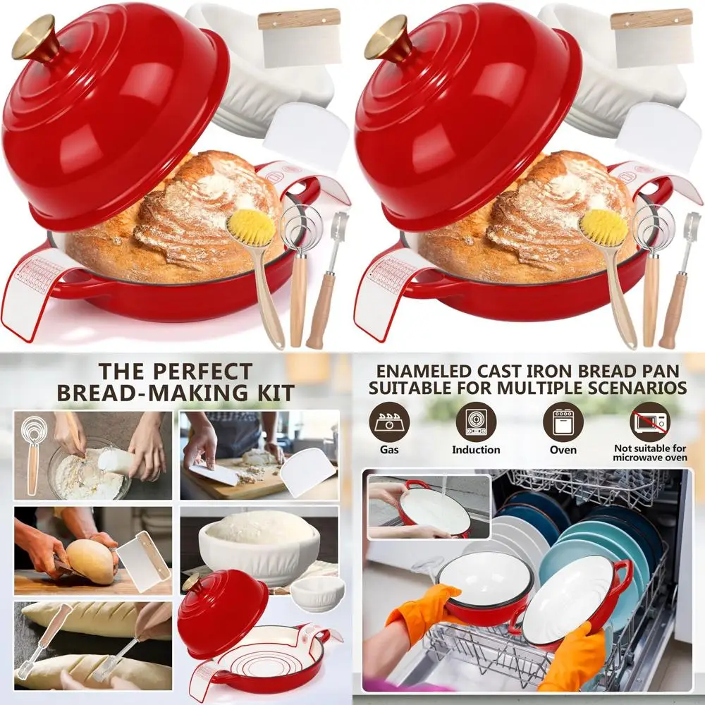 

Red 5-Quart Enameled Cast Iron Dutch Oven with Lid and Bread Proofing Basket for Sourdough Baking and Roasting