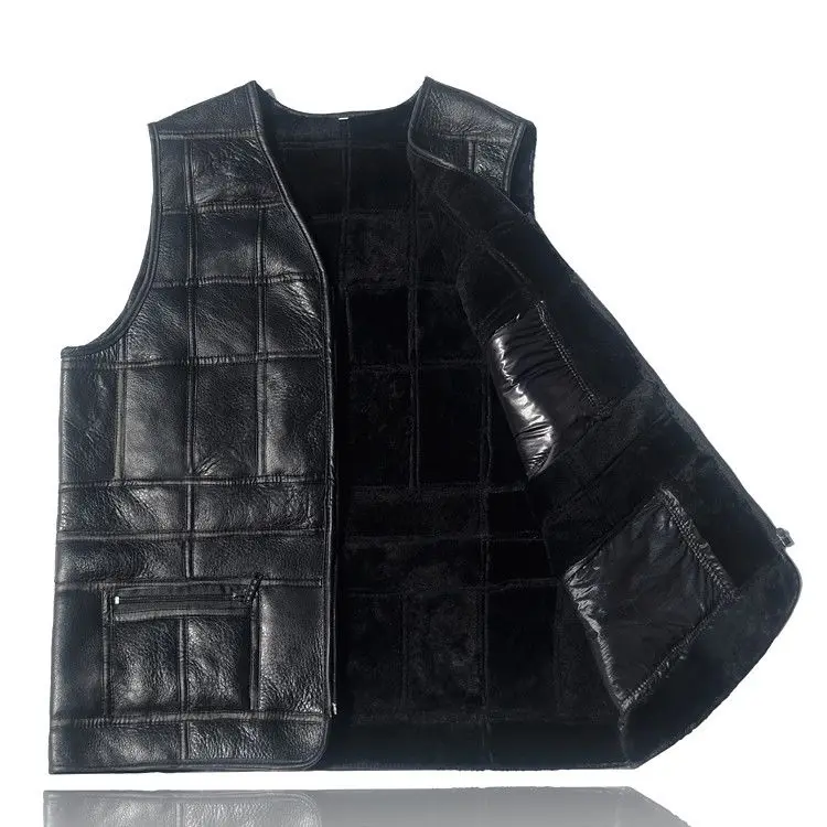 Chaleco de motorista de cuero genuino para hombre, Chaleco de piel de oveja, Tops de retazos, ropa de talla grande, Invierno