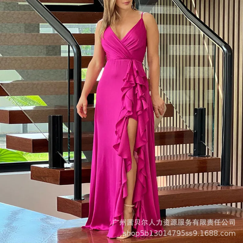 

2024 Spring Summer New Dress Women's Solid Color Irregular Ruffled Stitching Dress Women Sexy V-neck Spaghetti Strap Split Dress