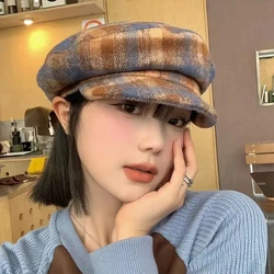 Vintage Plaid Beret Octagonal Hats For Women Classic Woolen Beanies Caps Flat Brim Artist Berets Female Winter Warm Painter Cap