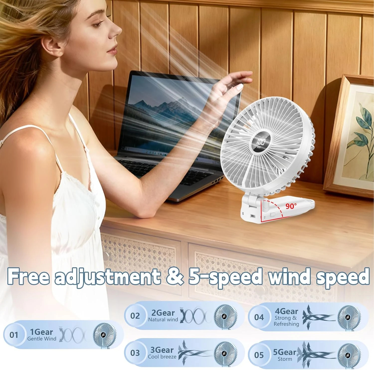 New Portable Folding Handheld Fan 3600mAh Desktop Rechargeable Fan 5-speed Wind Angle Adjustable for Home Outdoor Travel