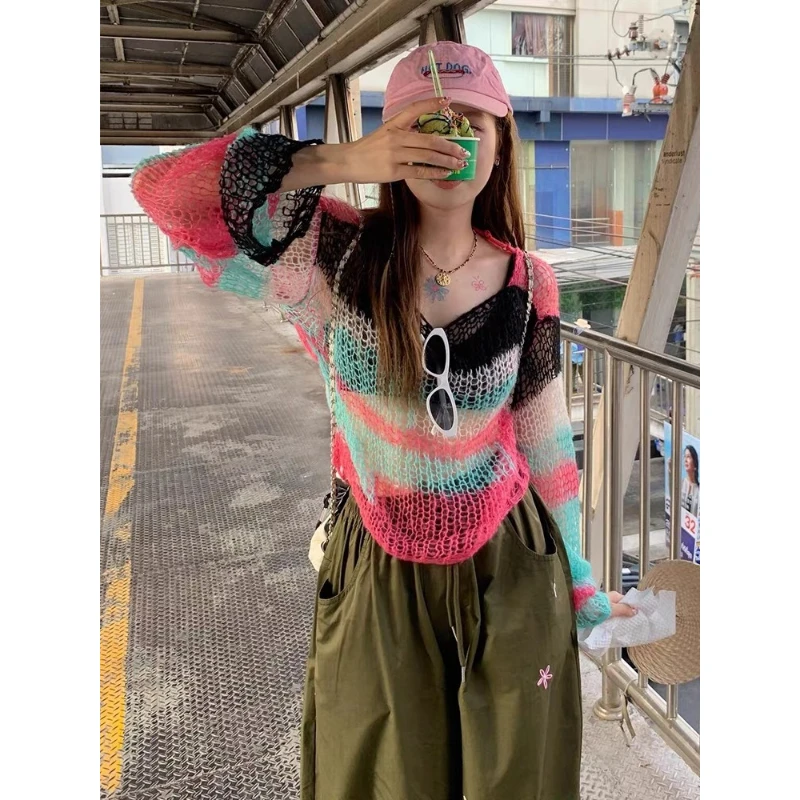 

Deeptown Y2K Women's Knit Tshirt Harajuku Sexy Hollow Out Knitwear Cropped Sweater Backless Cropped Jumper Gyaru Korean Fashion