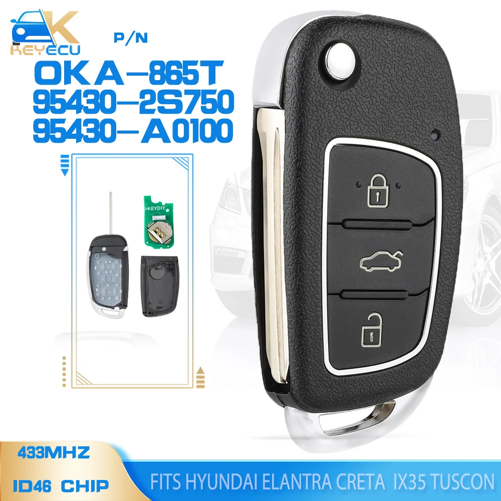 KEYECU OKA-865T , 95430-A0100 , 95430-2S750 Remote Key Fob 433MHz ID46 Chip for Hyundai Elantra Creta  IX35 Tuscon 2014 -2017