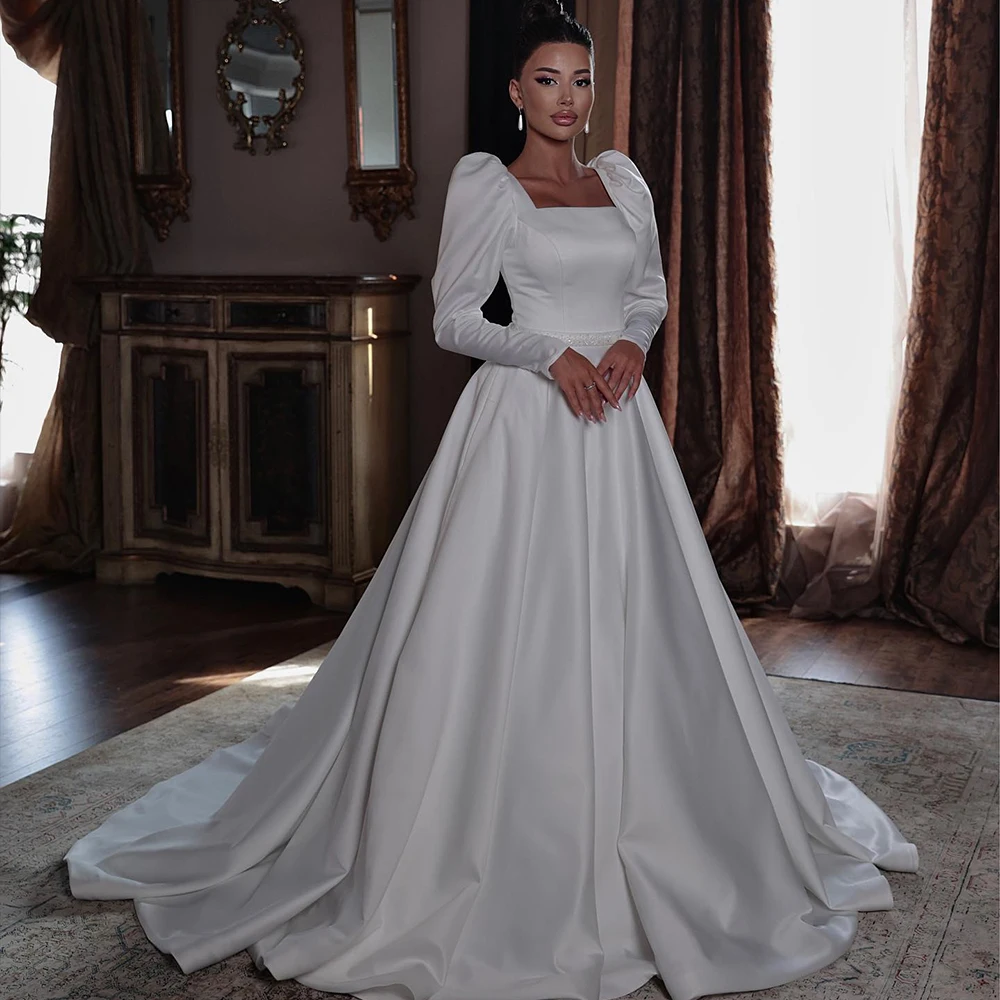 

Vintage Wedding Dresses Square Neck Long Sleeve Arabic Bride Dress Draped A-Line Satin Bridal Gown Customized vestidos de novia