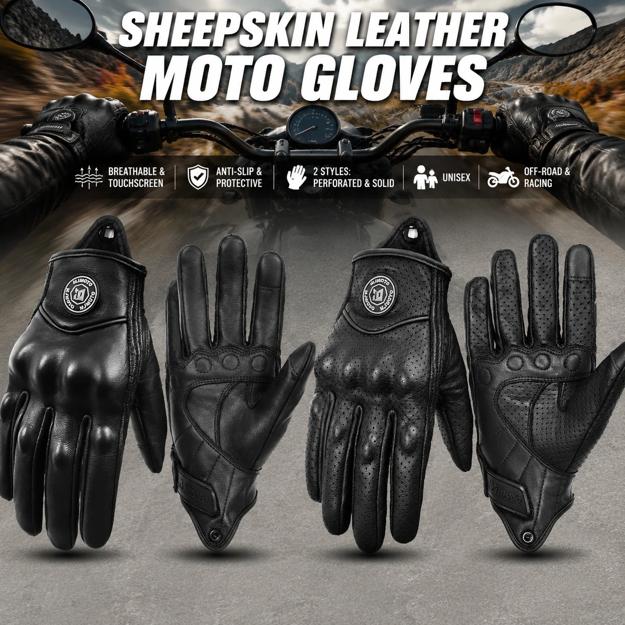 All Season Goat Skin Motorcycle Riding Gloves Touch Screen Anti‑Fall Protective Full Finger Leather Gloves For Men Women Motocro