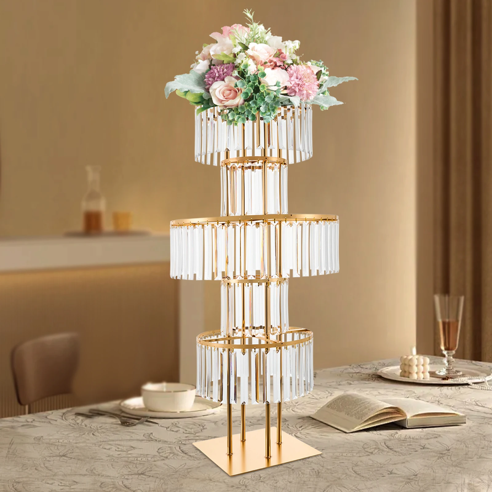 5-Tier Gold Display Stand, 110cm High Crystal Wedding Centerpieces Floral Rack, Free Standing Flower Stand for Banquet, Festival, Birthday Party
