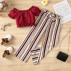 PatPat 2pcs Kid Girl Ruffle Buttons Front Solid Top and Belted Stripe Pants Set Perfect for Outings and Daily Wear Basic Style