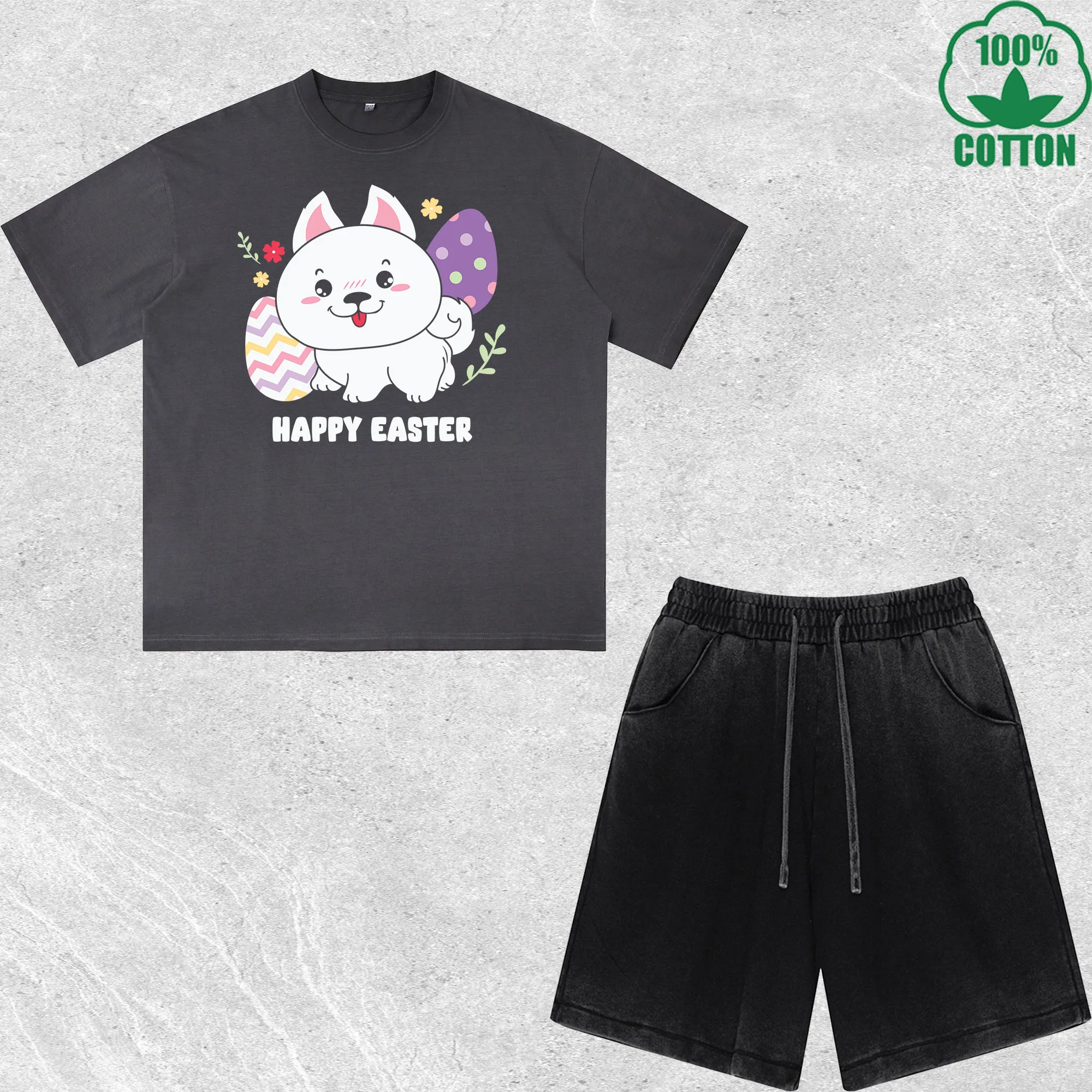 

Chibi Easter Puppy Printed Dirty Wash T-Shirt Shorts Set Multicolor Combo Loose Trendy Fashionable 100%Cotton Short Value Pack