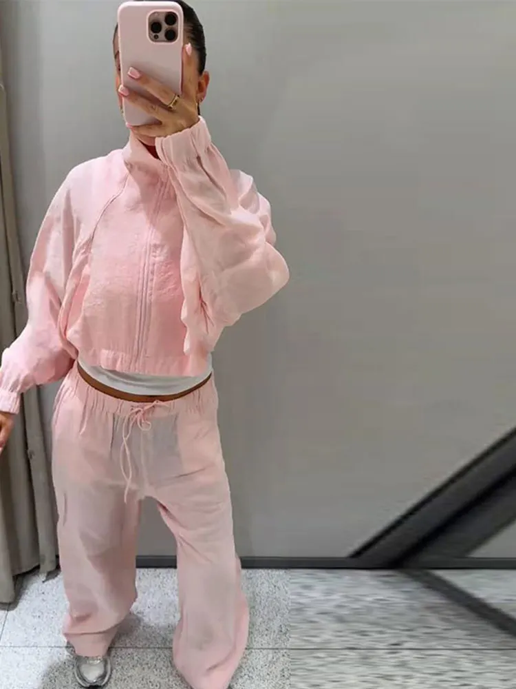 Damen-Hosenanzug 2-teilig mit Stehkragen, Laternenärmeln, Kurzmantel und Weiten Hosen, Modische Streetwear für Damen, Neu – Detail 10