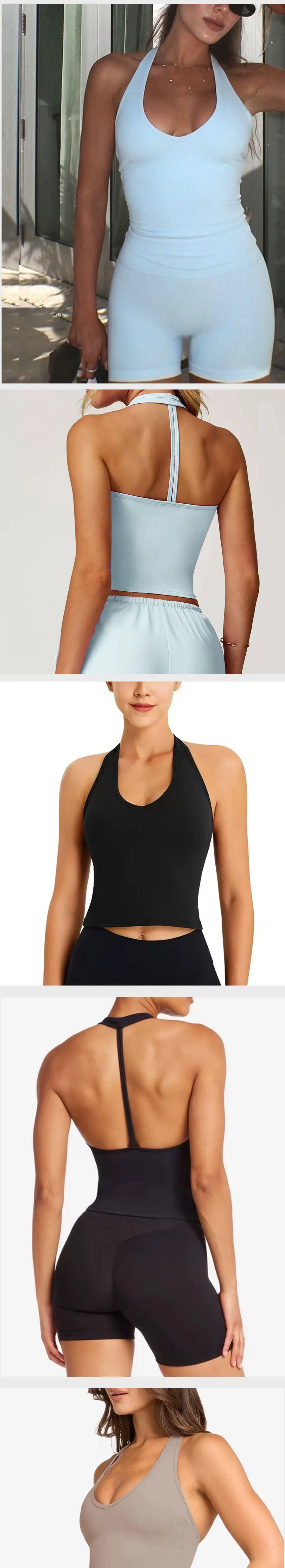 Rückenfreies Neckholder-Top & Scrunch-Shorts Fitness-Top Damen Crop-Top Yoga-Tanktop Selbstgepolstertes Hochelastisches Top – Detail 3
