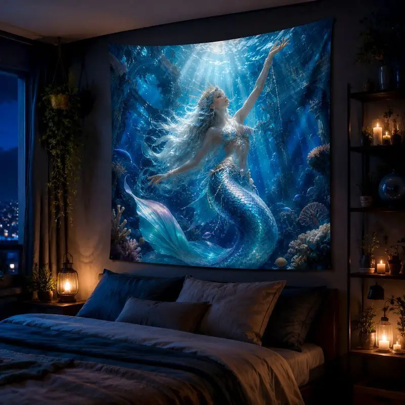 VIKAMA Galaxy Mermaid Anime Blacklight Tapestry Neon Wall Hanging Fantasy Gaming Bedroom Dorm Decor