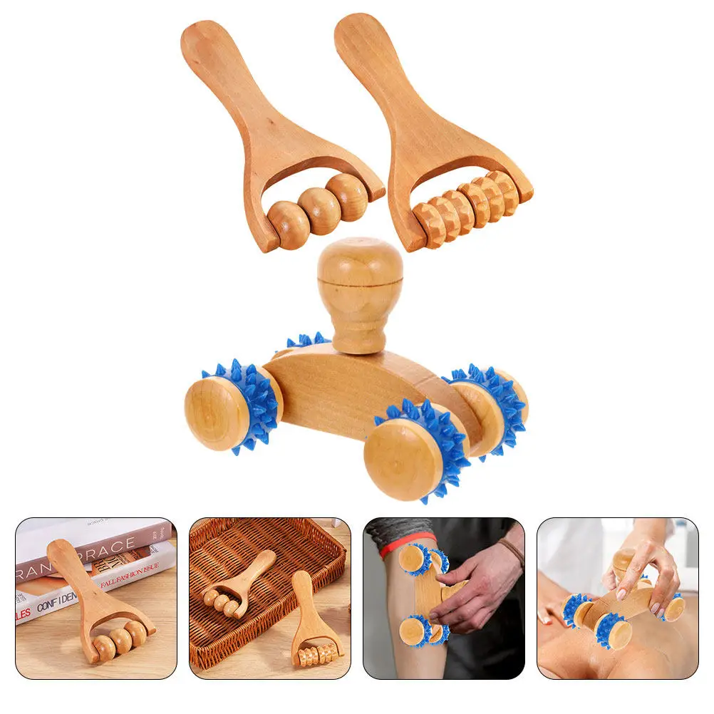 Juego de 3 Herramientas de Masaje de Madera, Rodillo Masajeador para Espalda, Cuello, Hombros, Pies y Rostro, para Uso Diario, Viajes, Hogar, Hotel, Diseño Exquisito