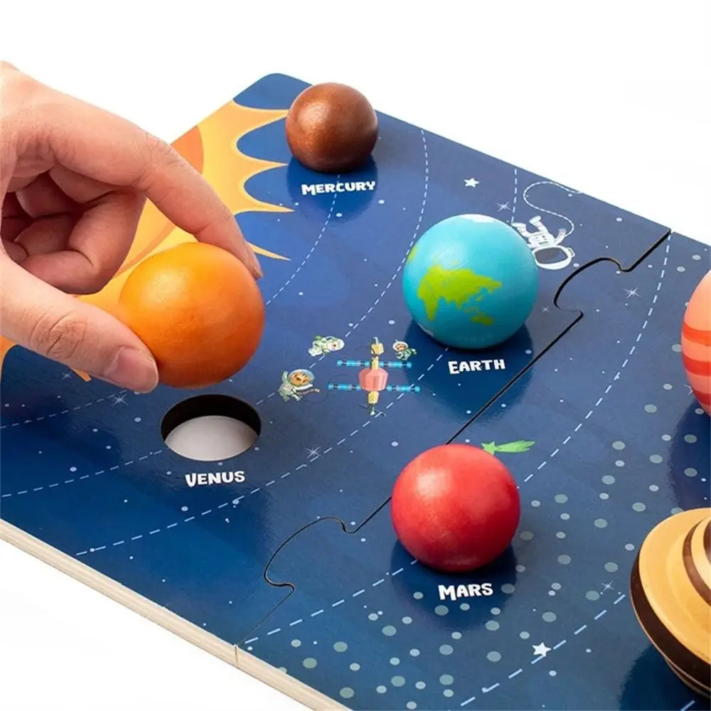 3D Wooden Solar System Puzzle Toy Eight Planets Universe Cognition Planets Matching Board Early Education Solar System Model