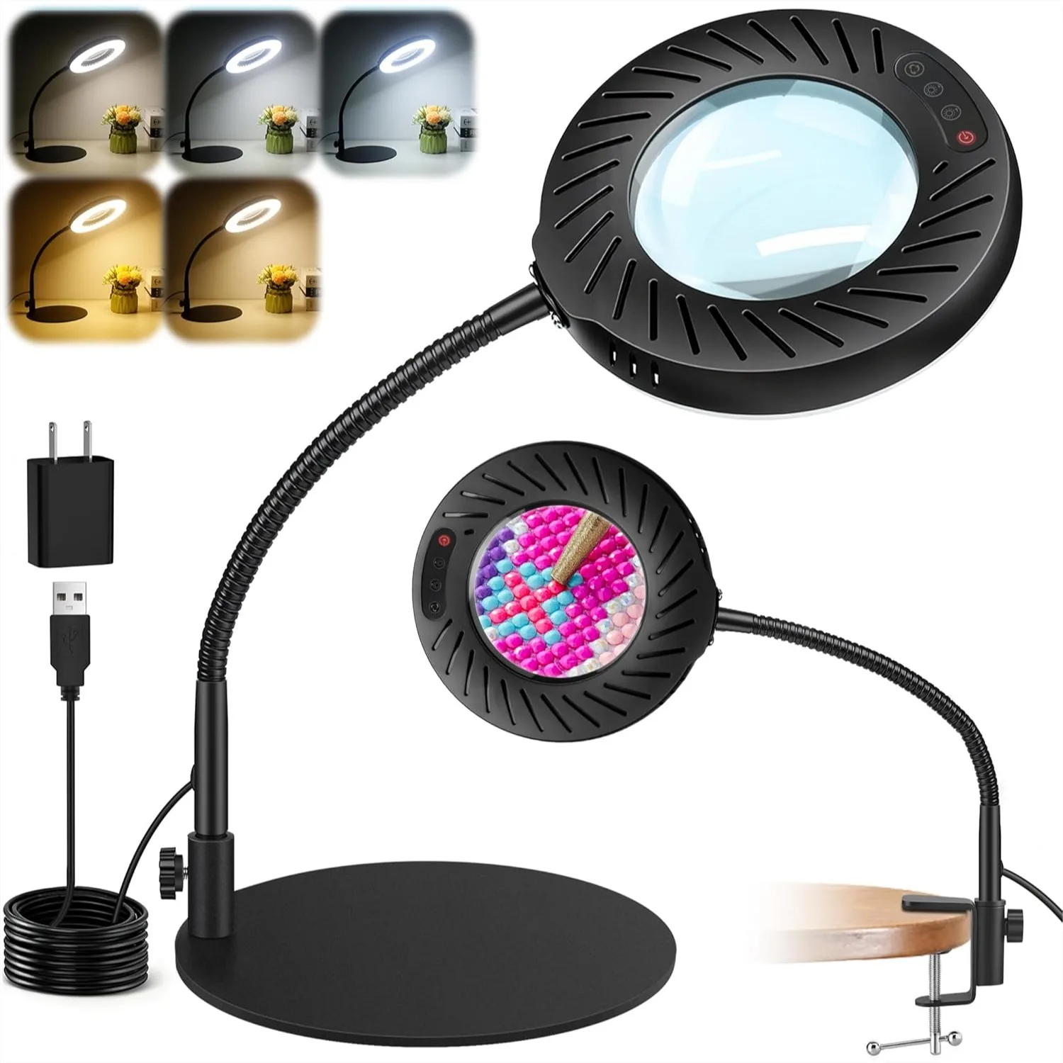 

12X Magnifying Glass with Light and Stand, 5 Color Modes 9 Levels Dimmable 144 LED Desk Lamp, Hands Free Magnifier with Flexible