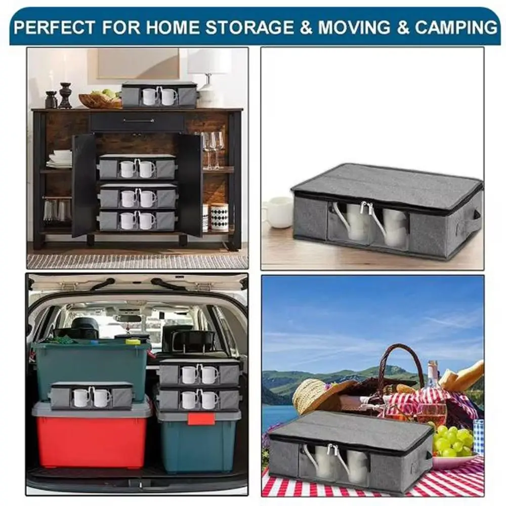 Sturdy Zipper Mug Storage Box Stackable Waterproof 12 Slots Glassware Bin Dustproof with Dividers Cup Storage Chest for Home