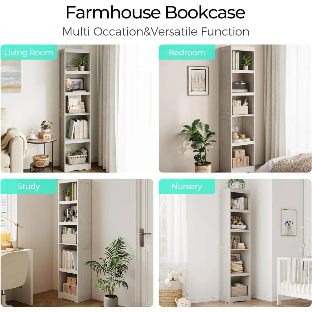 رف كتب ضيق طويل القامة مكون من 5 أرفف - أرفف عرض للتخزين على الأرض لديكور المنزل، 68 بوصة