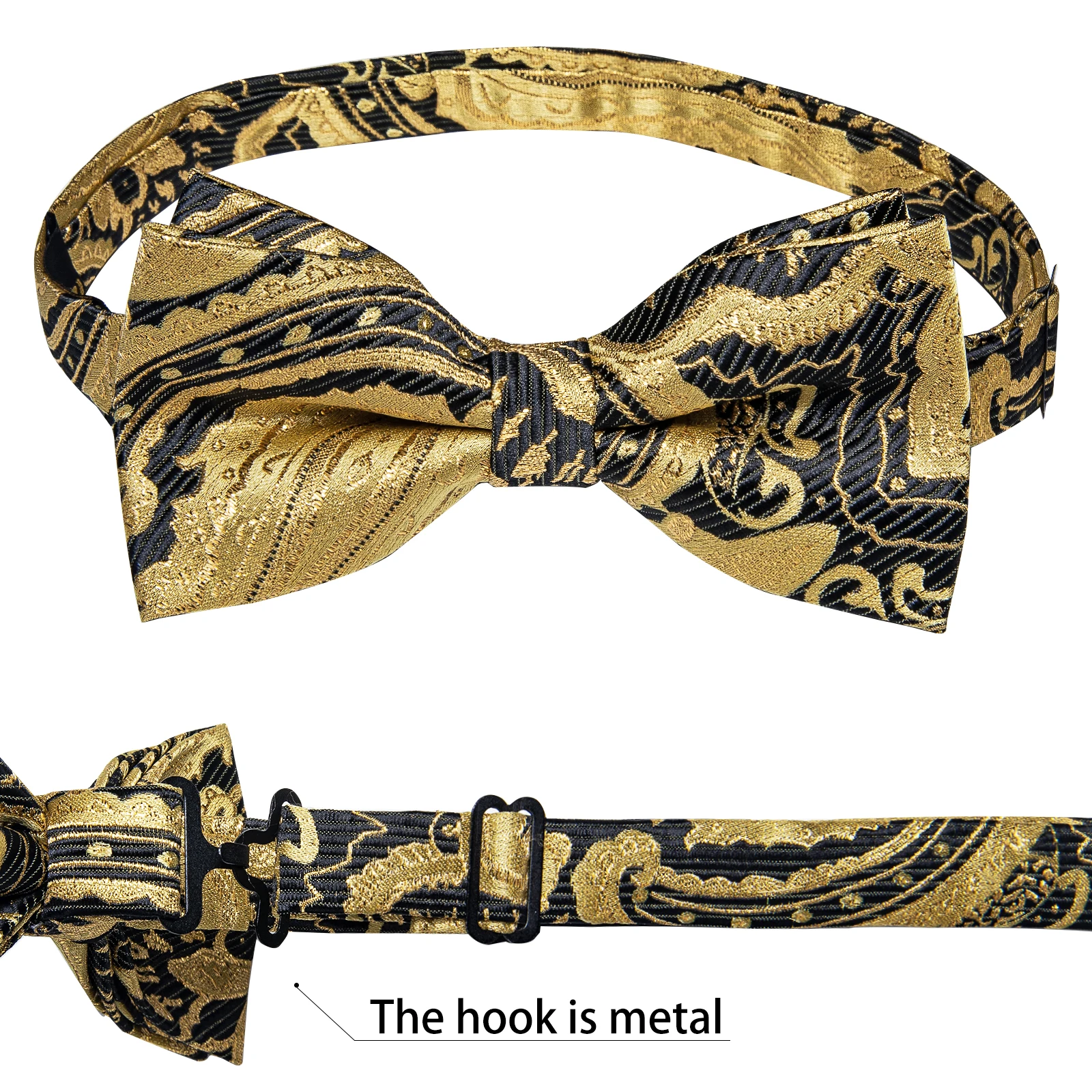 Klassisches schwarzes Herren-Fliege-Set mit Einstecktuch und Manschettenknöpfen – Paisley Gold Vorgebundene Fliege – Detail 6
