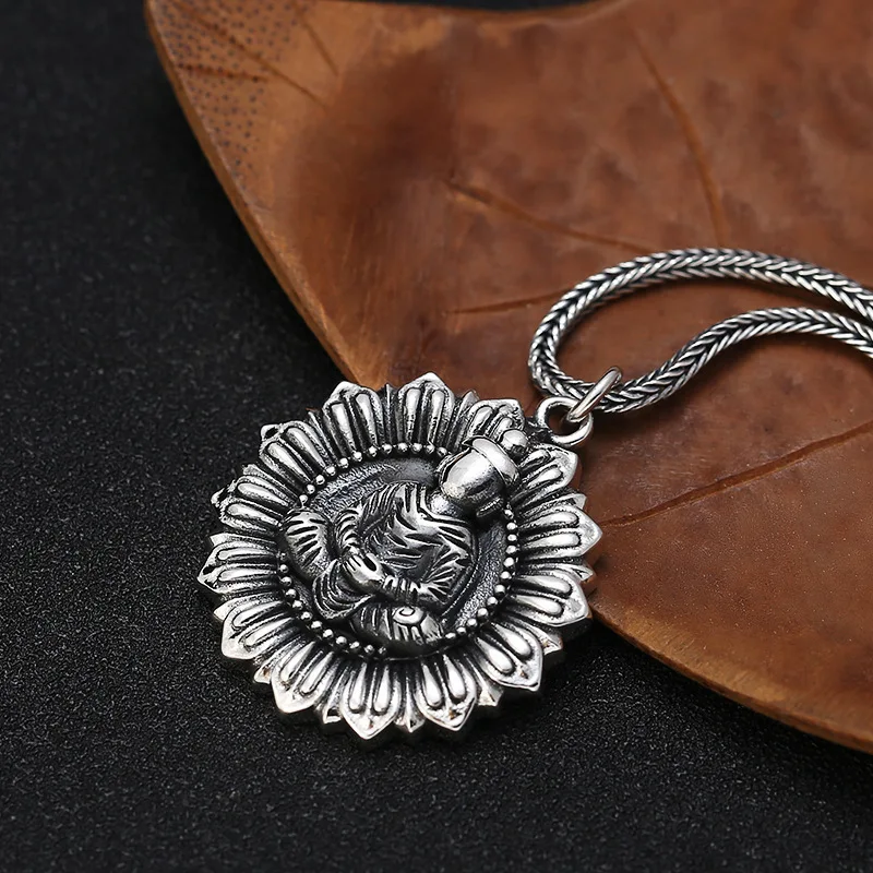 S925 Sterling Silver Pendant Personalized Fashion Relief Buddha Flower  Design sensation internet celebrity pendant